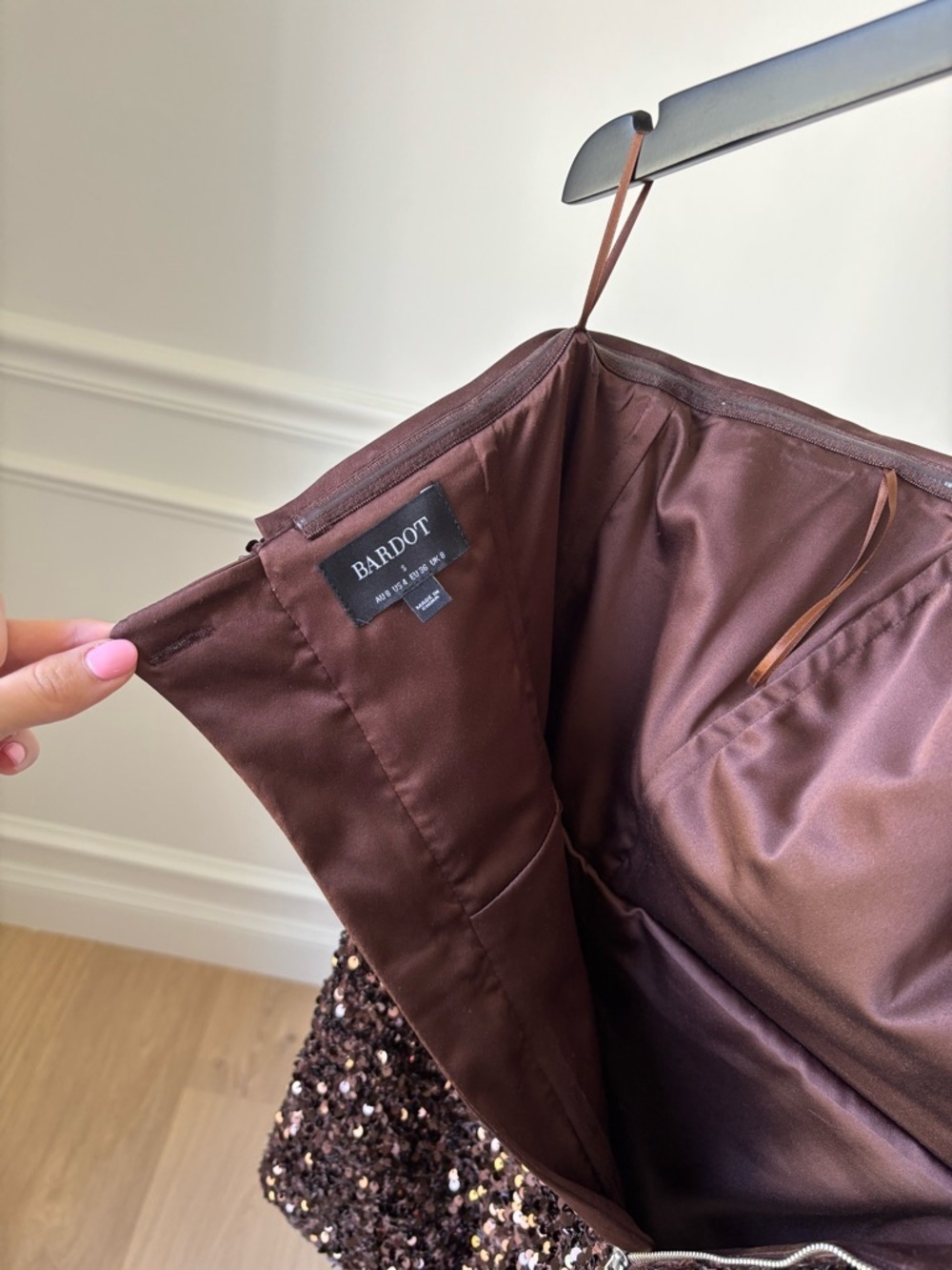 BARDOT Strapless Dark Brown Sequin Mini Dress - Picture 7 of 8